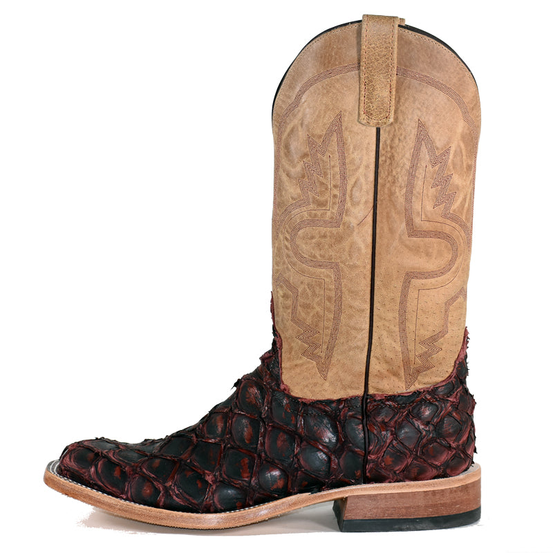 Anderson Bean 324028 Men's Cowboy Boots, Black Cherry Big Bass, Tan Top, Wide Square Toe, Leather