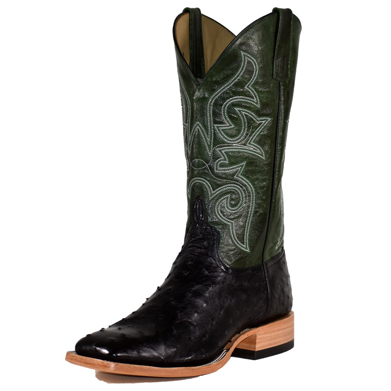 Top Hand Men's HP8004 Black Full Quill Ostrich Cowboy Boots  Emerald Green Top, DB Toe, Hybrid Sole