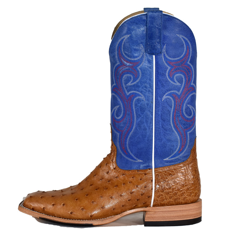 Top Hand HP8005 Men's Antique Saddle Full Quill Ostrich Cowboy Boots  Royal Blue Top, Square Toe