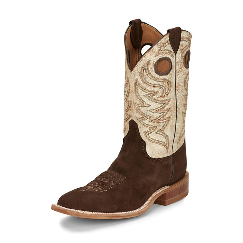 Justin BR725 Men's Clinton Chocolate Rough Out Square Toe Western Boots  Desert Bone Upper