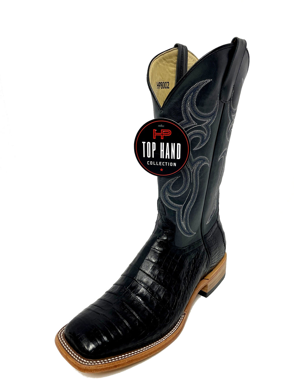 Top Hand HP8002 Men's Black Caiman Cowboy Boots  Black Shaft, Leather Sole, DB Toe