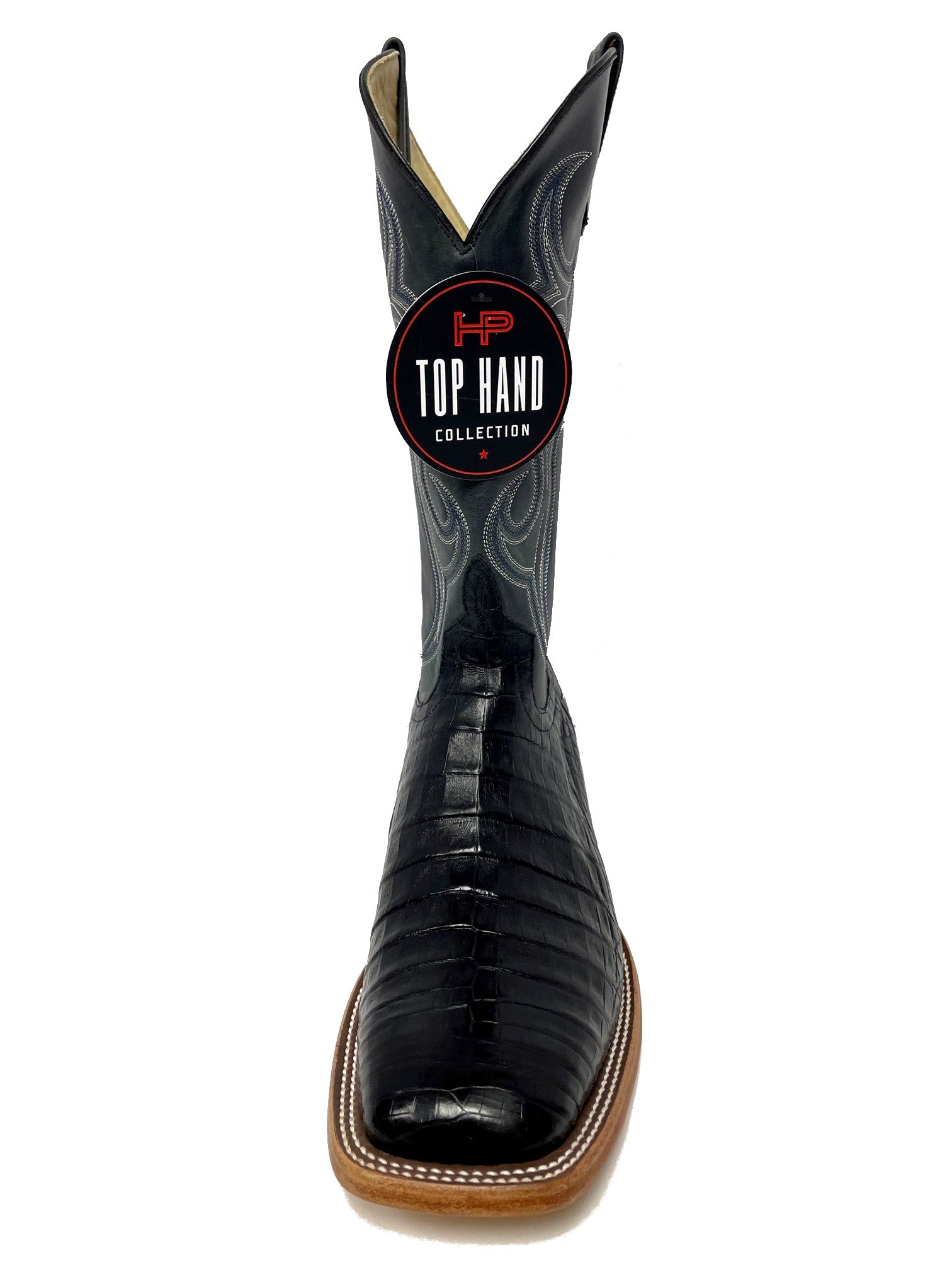Top Hand HP8002 Men's Black Caiman Cowboy Boots  Black Shaft, Leather Sole, DB Toe