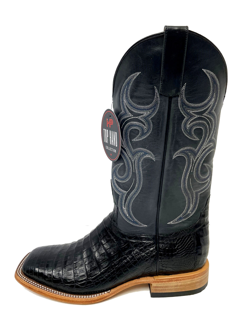 Top Hand HP8002 Men's Black Caiman Cowboy Boots  Black Shaft, Leather Sole, DB Toe