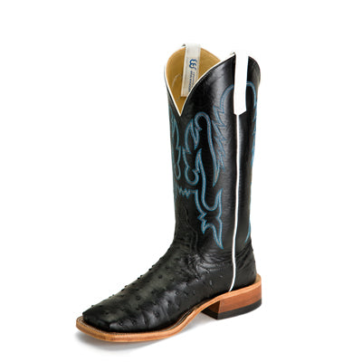 Anderson Bean S3015 Men's Black Full Quill Ostrich Western Boots, Kidskin Top, Wide Toe, Handmade