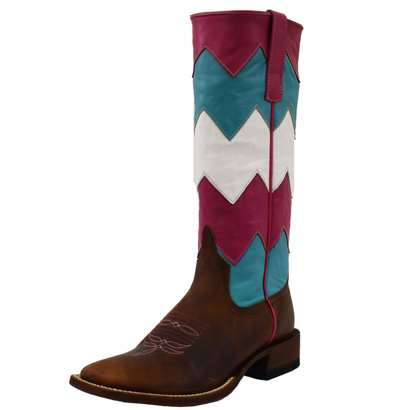 Macie Bean M9065CO Women's Moka Show Steer Cowboy Boots - Turquoise, White, Pink Chevron Shaft