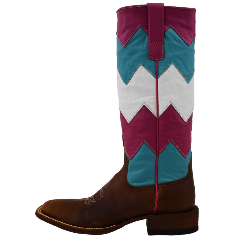 Macie Bean M9065CO Women's Moka Show Steer Cowboy Boots - Turquoise, White, Pink Chevron Shaft
