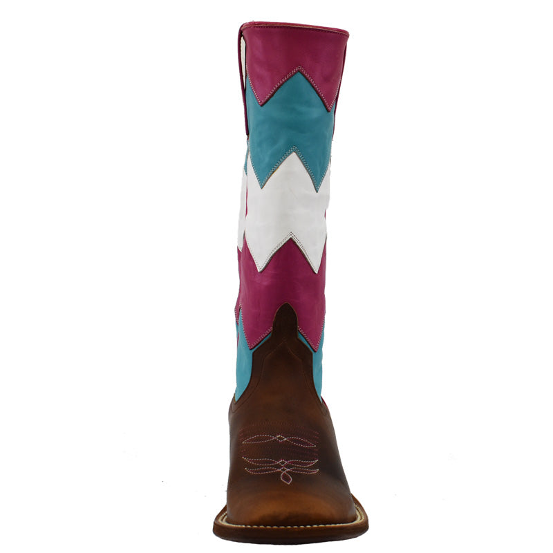 Macie Bean M9065CO Women's Moka Show Steer Cowboy Boots - Turquoise, White, Pink Chevron Shaft