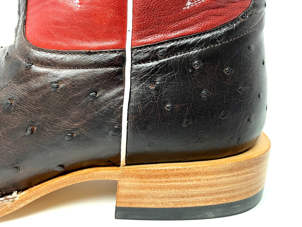 Top Hand HP8016 Men's Nicotine Full Quill Ostrich Cowboy Boots  Red Goat Top, DB Toe, Leather