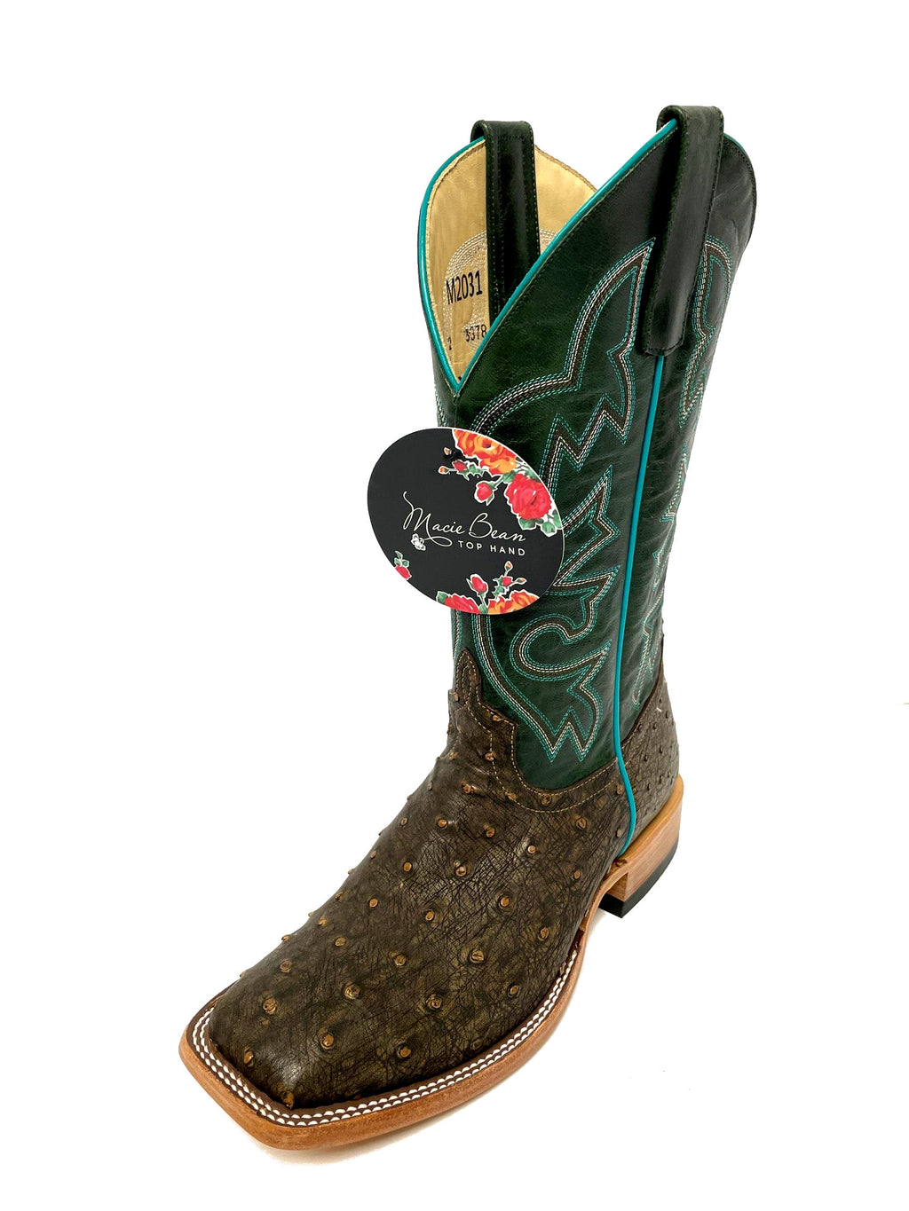 Macie Bean M2031 Women's Antique Full Quill Ostrich Cowboy Boots - Emerald Top, Square Toe