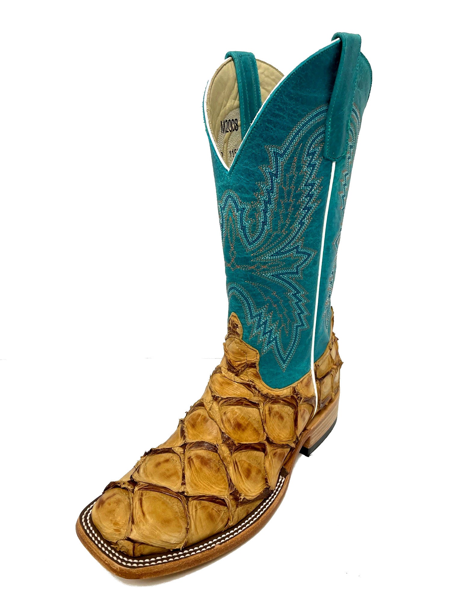 Macie Bean M2008 Women's Antique Saddle Big Bass Cowboy Boots - Turquoise Top, DB Toe, Leather Sole