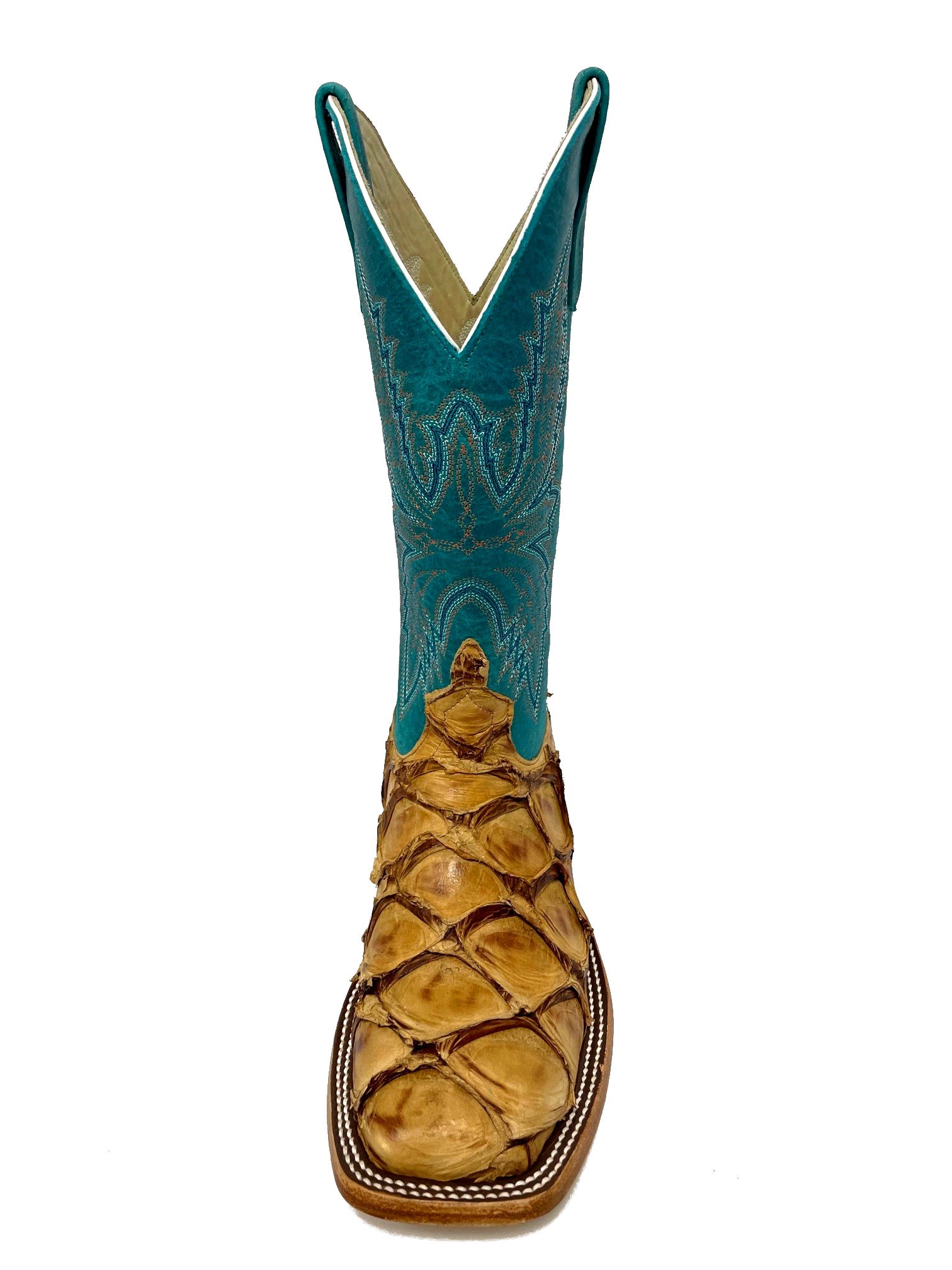 Macie Bean M2008 Women's Antique Saddle Big Bass Cowboy Boots - Turquoise Top, DB Toe, Leather Sole