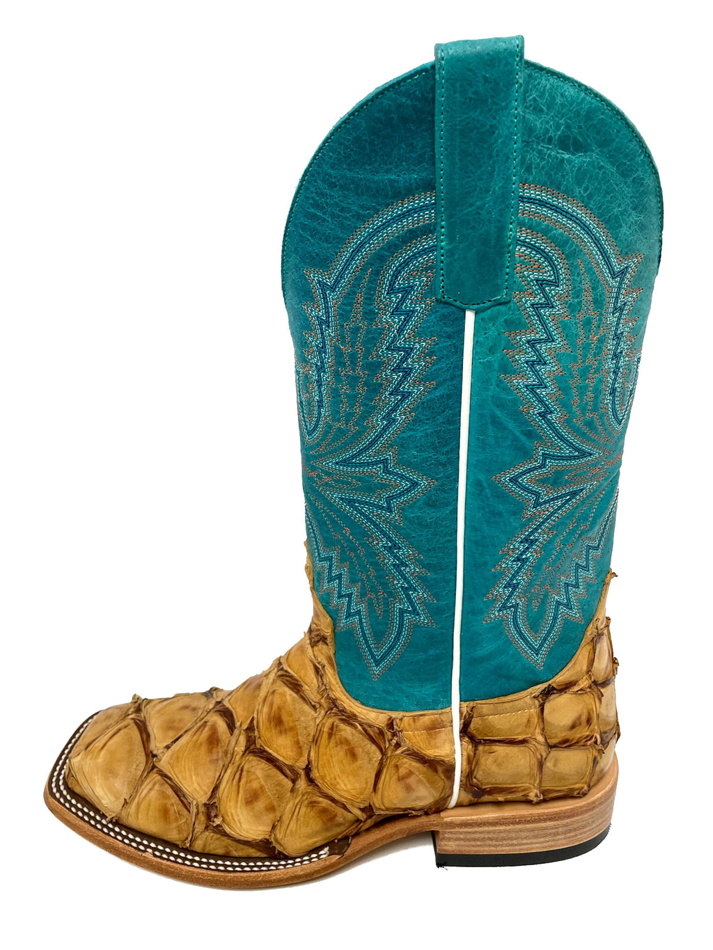 Macie Bean M2008 Women's Antique Saddle Big Bass Cowboy Boots - Turquoise Top, DB Toe, Leather Sole