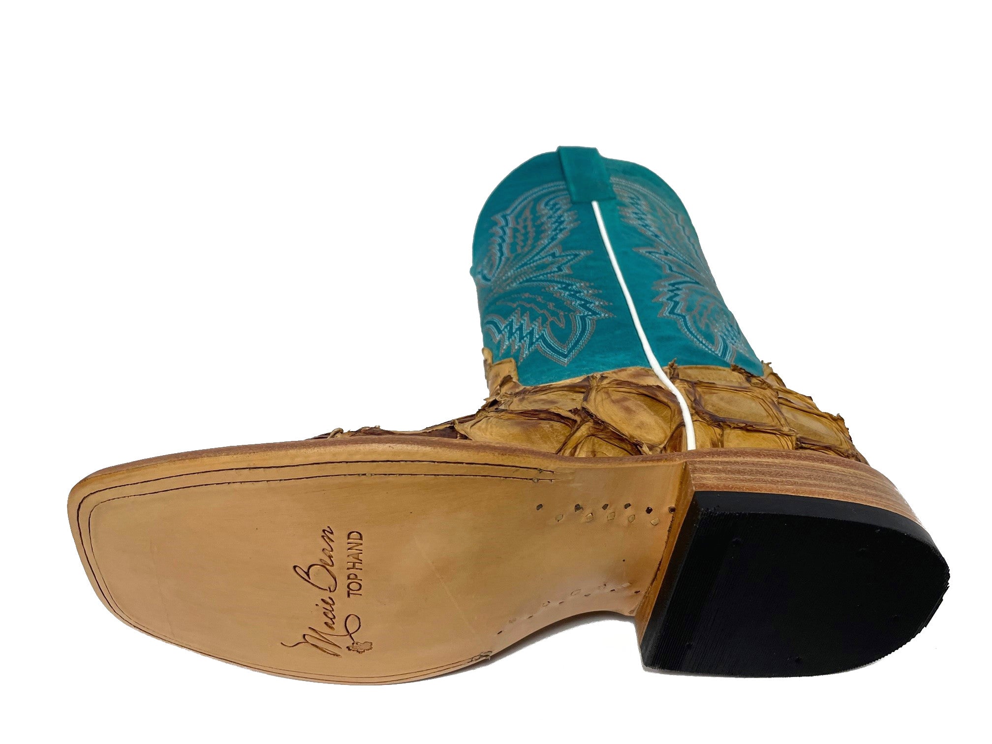 Macie Bean M2008 Women's Antique Saddle Big Bass Cowboy Boots - Turquoise Top, DB Toe, Leather Sole