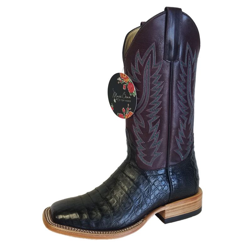 Macie Bean M2002 Womens Black Caiman Belly Cowboy Boots  Wine Pull Up Shaft, DB Toe, Leather Sole