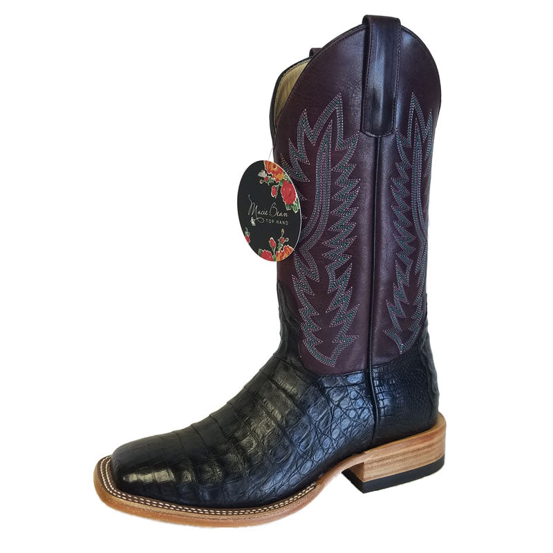Macie Bean M2002 Womens Black Caiman Belly Cowboy Boots  Wine Pull Up Shaft, DB Toe, Leather Sole
