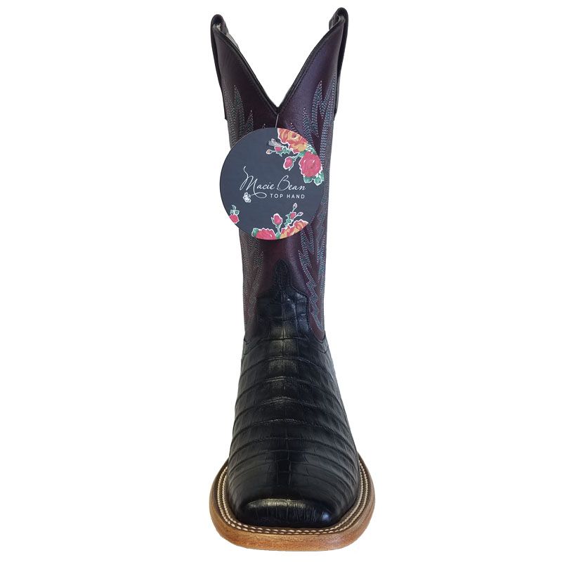Macie Bean M2002 Womens Black Caiman Belly Cowboy Boots  Wine Pull Up Shaft, DB Toe, Leather Sole
