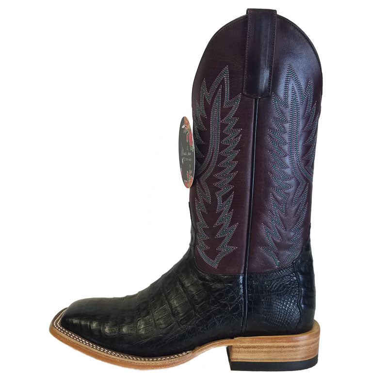 Macie Bean M2002 Womens Black Caiman Belly Cowboy Boots  Wine Pull Up Shaft, DB Toe, Leather Sole