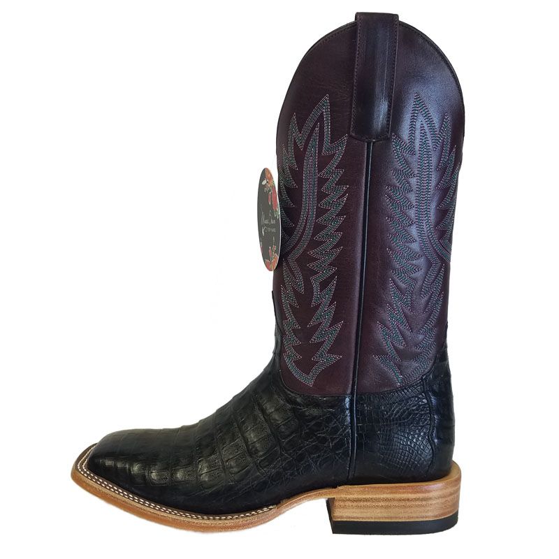 Macie Bean M2002 Womens Black Caiman Belly Cowboy Boots  Wine Pull Up Shaft, DB Toe, Leather Sole