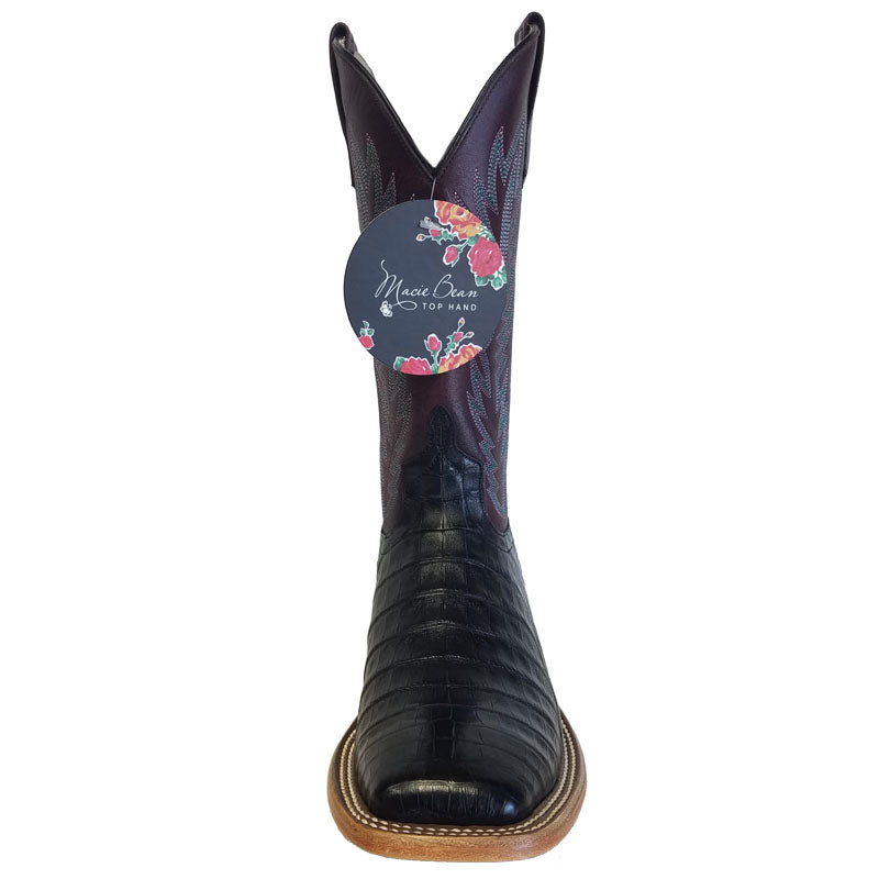 Macie Bean M2002 Womens Black Caiman Belly Cowboy Boots  Wine Pull Up Shaft, DB Toe, Leather Sole