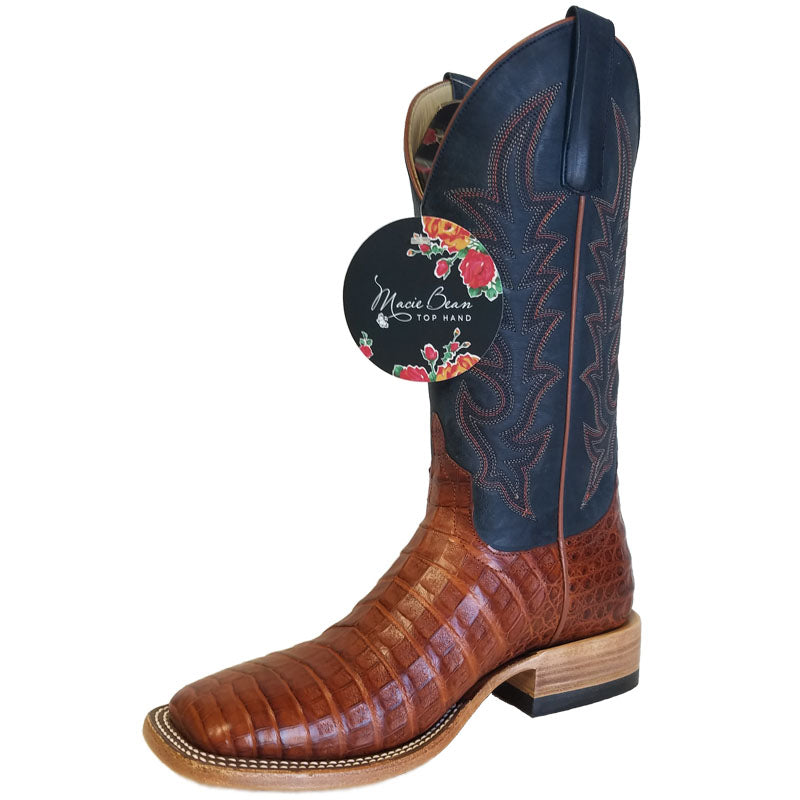Macie Bean M2003 Womens Brandy Caiman Belly Cowboy Boots  Blue Goat Top, DB Toe, Leather Sole