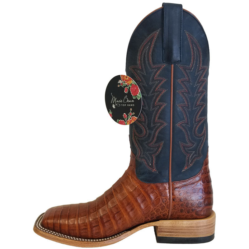 Macie Bean M2003 Womens Brandy Caiman Belly Cowboy Boots  Blue Goat Top, DB Toe, Leather Sole