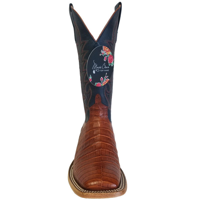 Macie Bean M2003 Womens Brandy Caiman Belly Cowboy Boots  Blue Goat Top, DB Toe, Leather Sole