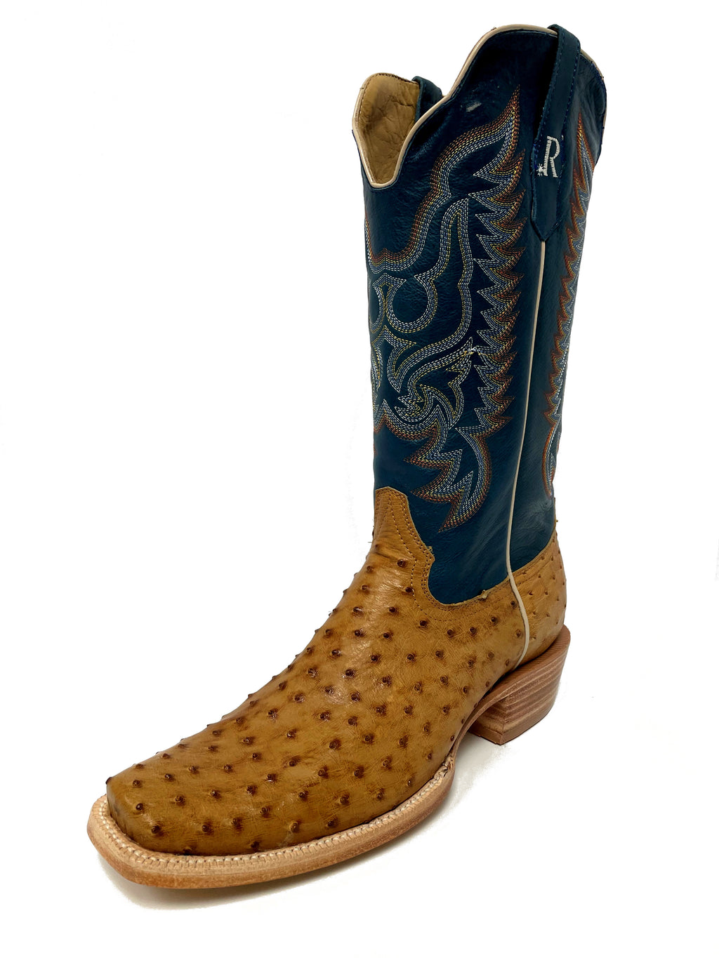R. Watson RW4513-1 Men's Antique Saddle Bruciato Full Quill Ostrich Cowboy Boots  Royal Blue Shaft