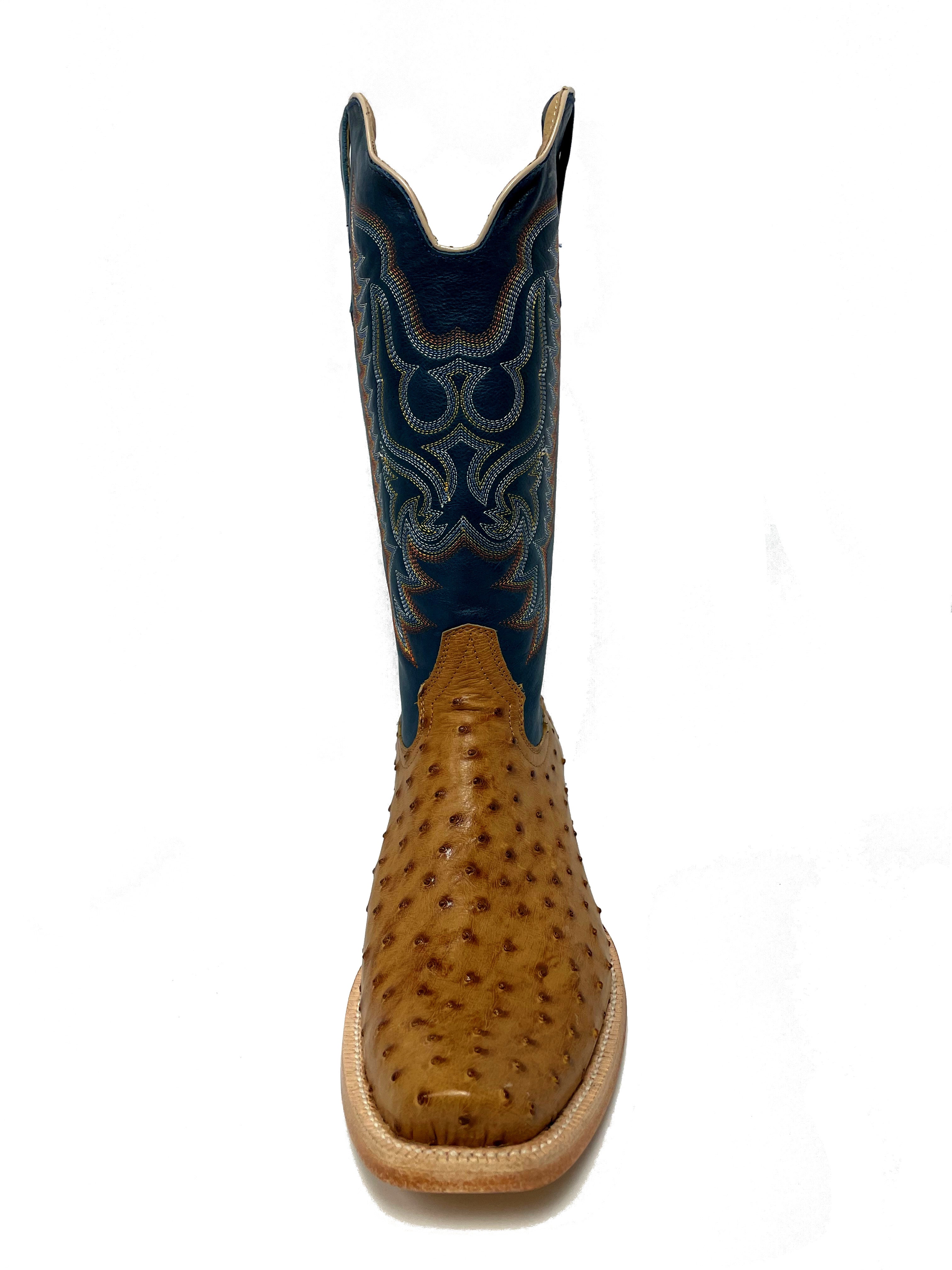 R. Watson RW4513-1 Men's Antique Saddle Bruciato Full Quill Ostrich Cowboy Boots  Royal Blue Shaft