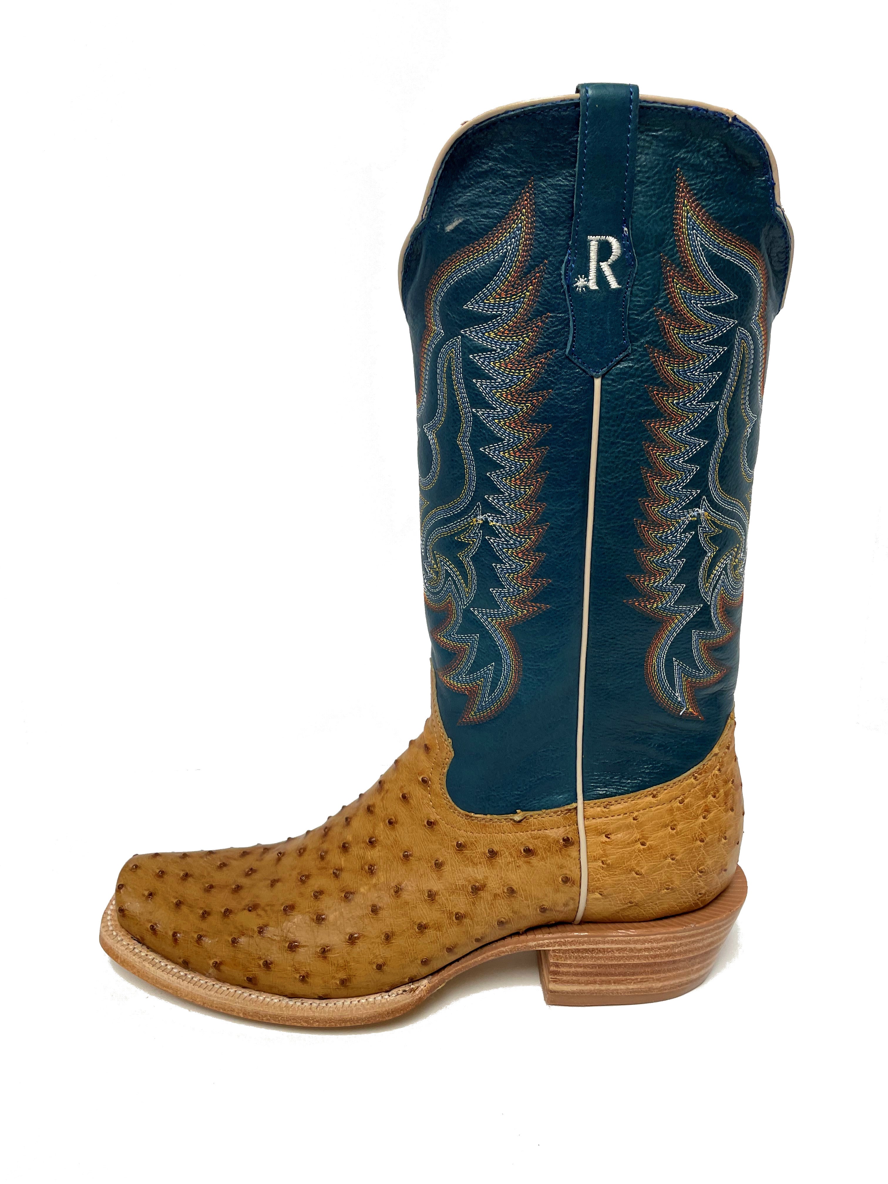 R. Watson RW4513-1 Men's Antique Saddle Bruciato Full Quill Ostrich Cowboy Boots  Royal Blue Shaft