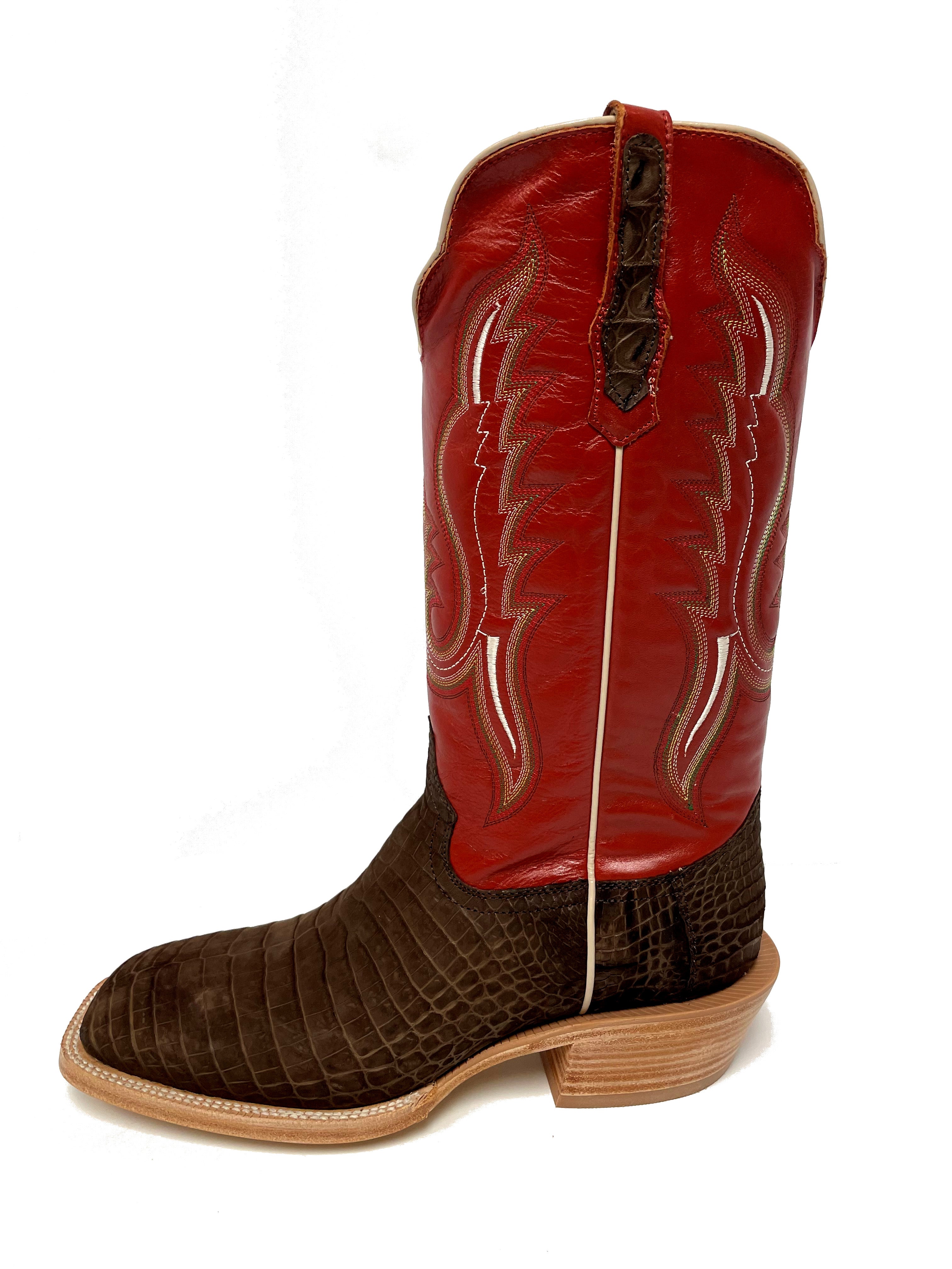 R. Watson RW9011-2 Men's Mocha Sueded Nile Crocodile Cowboy Boots  Indian Orange Shaft, Square Toe