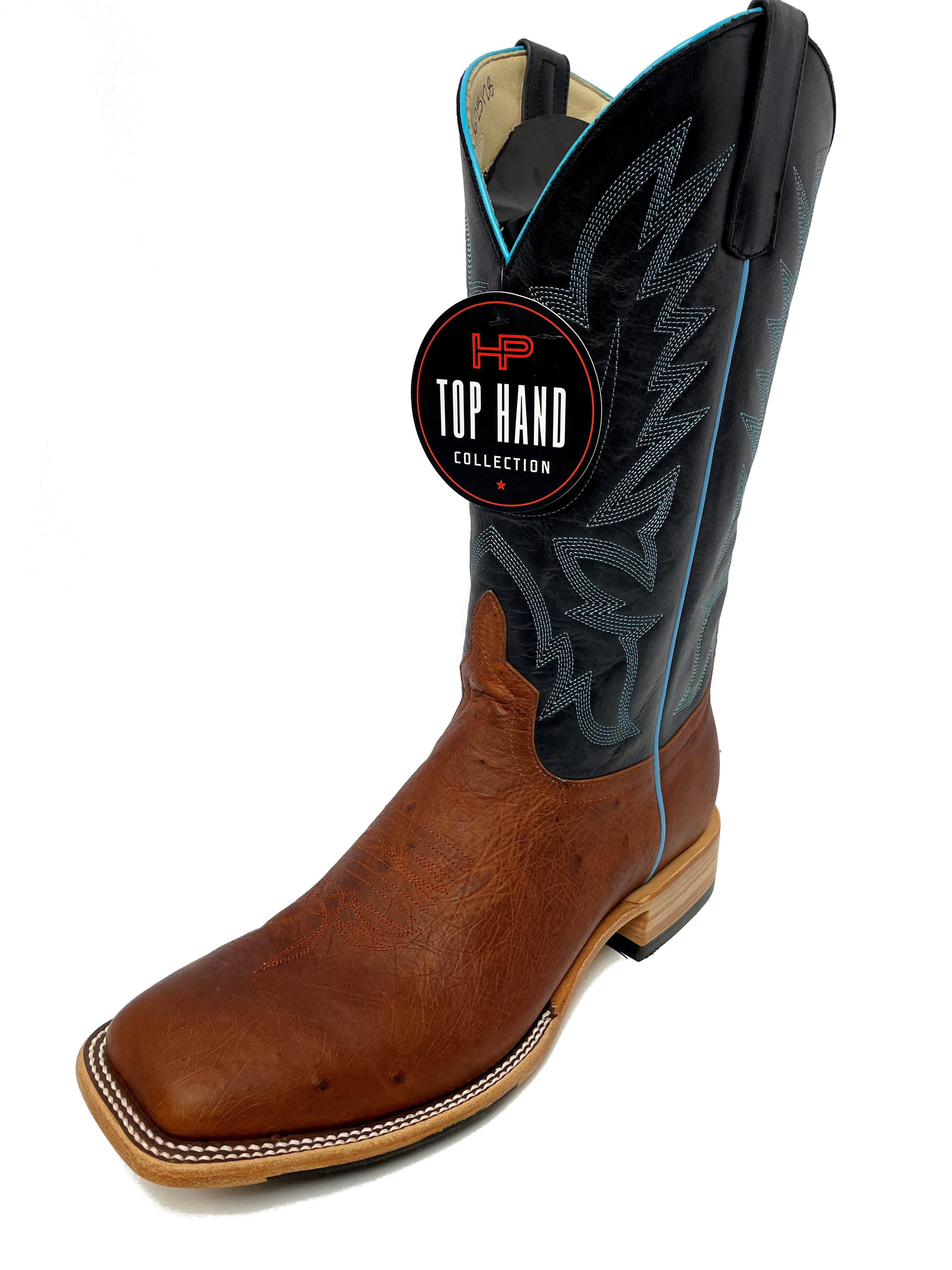 Top Hand HP8042 Men's Cognac Smooth Ostrich Cowboy Boots  Black Top, DB Toe, Leather Sole