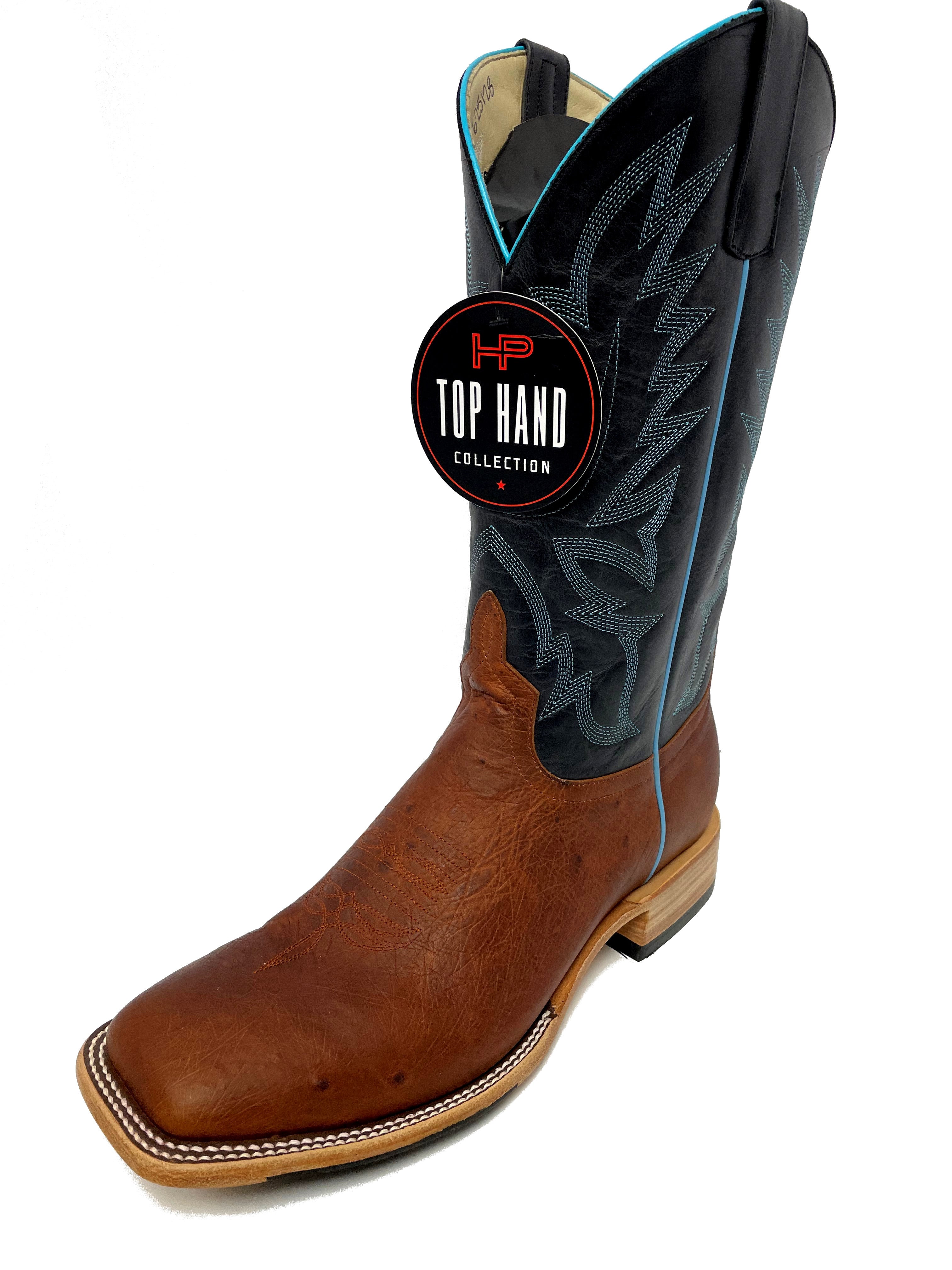 Top Hand HP8042 Men's Cognac Smooth Ostrich Cowboy Boots  Black Top, DB Toe, Leather Sole