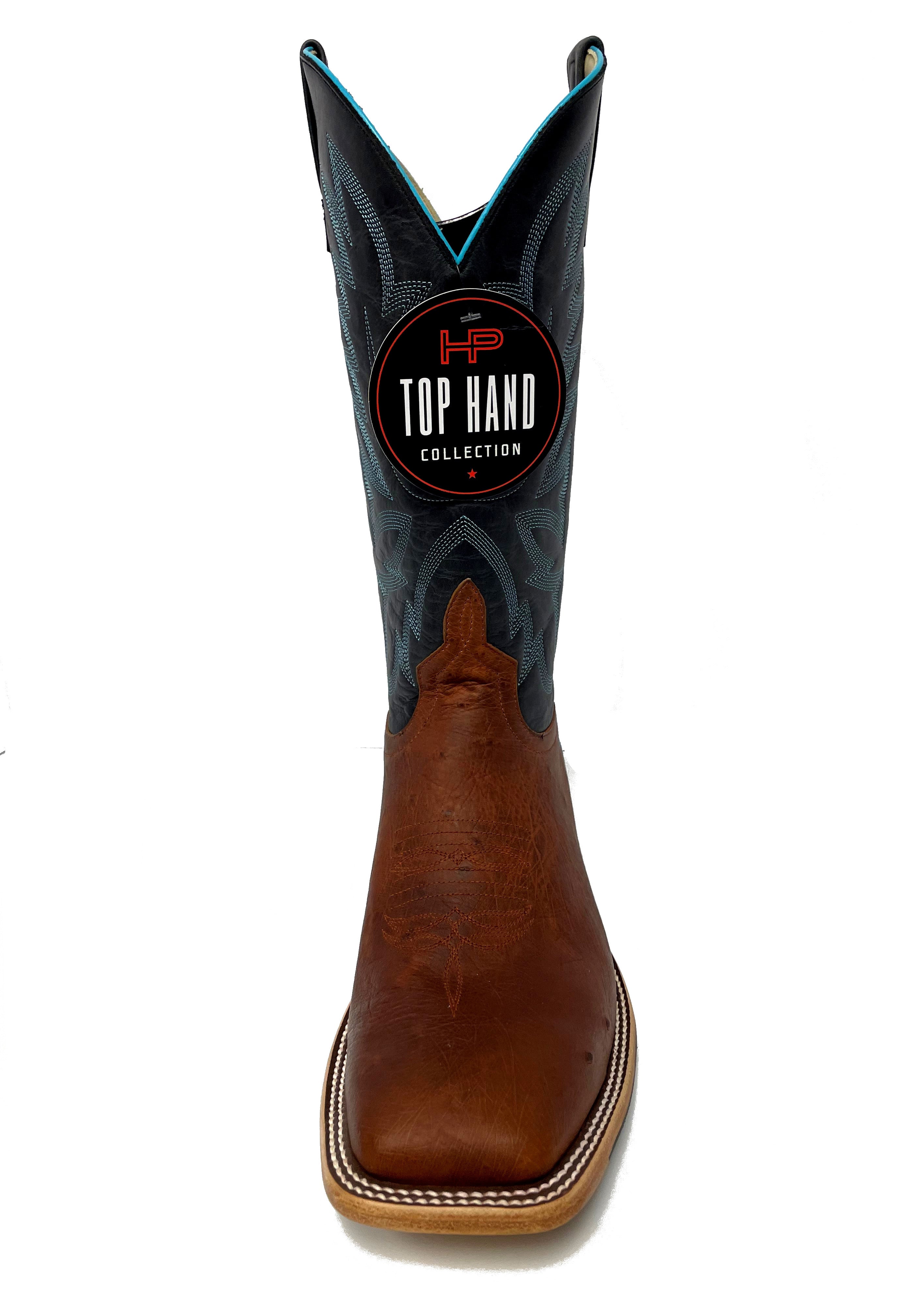 Top Hand HP8042 Men's Cognac Smooth Ostrich Cowboy Boots  Black Top, DB Toe, Leather Sole