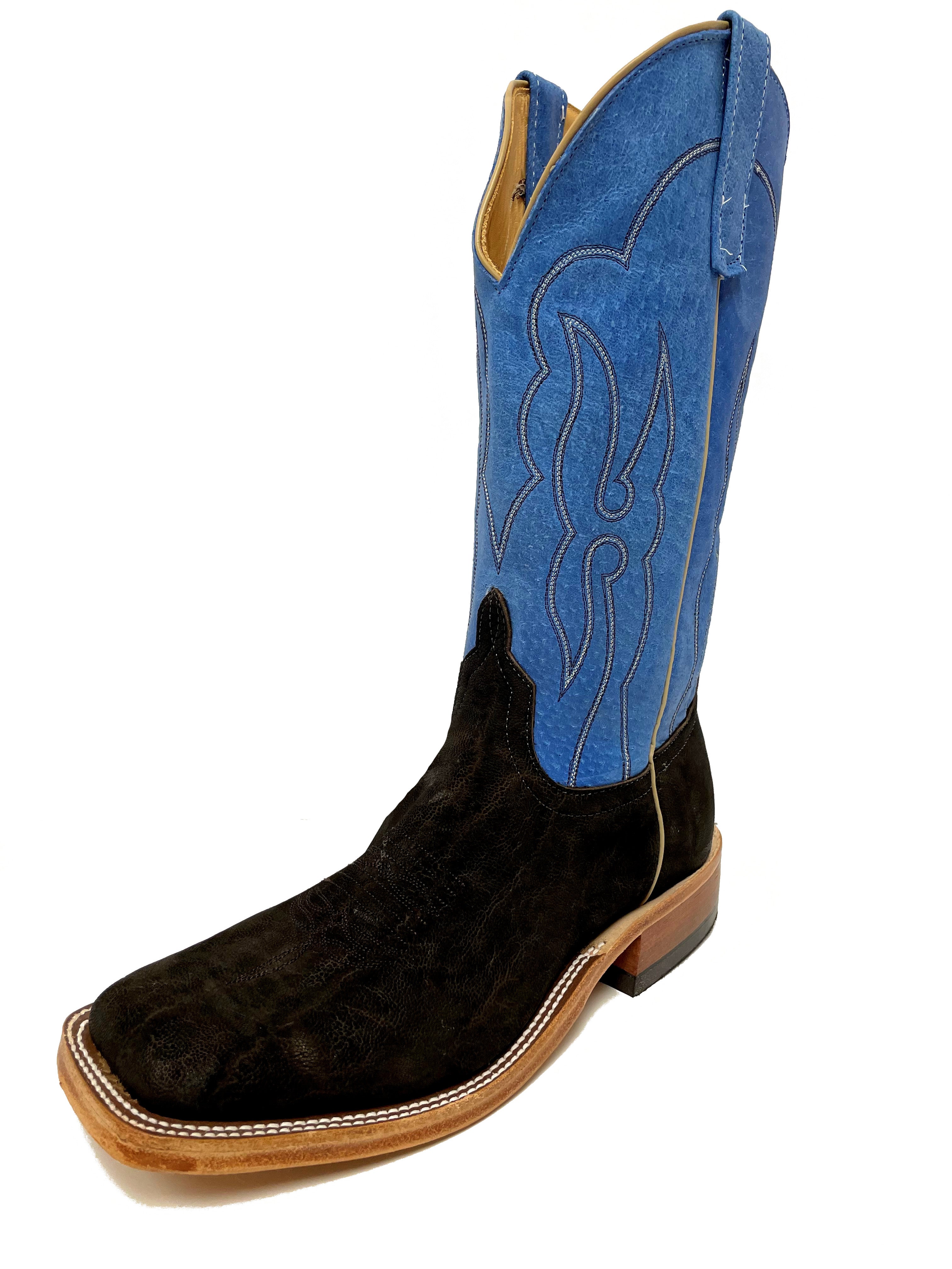 Anderson Bean 331471 Men's Cowboy Boots, Chocolate Buffed Elephant, Blue Upper, DB Toe, AB Heel