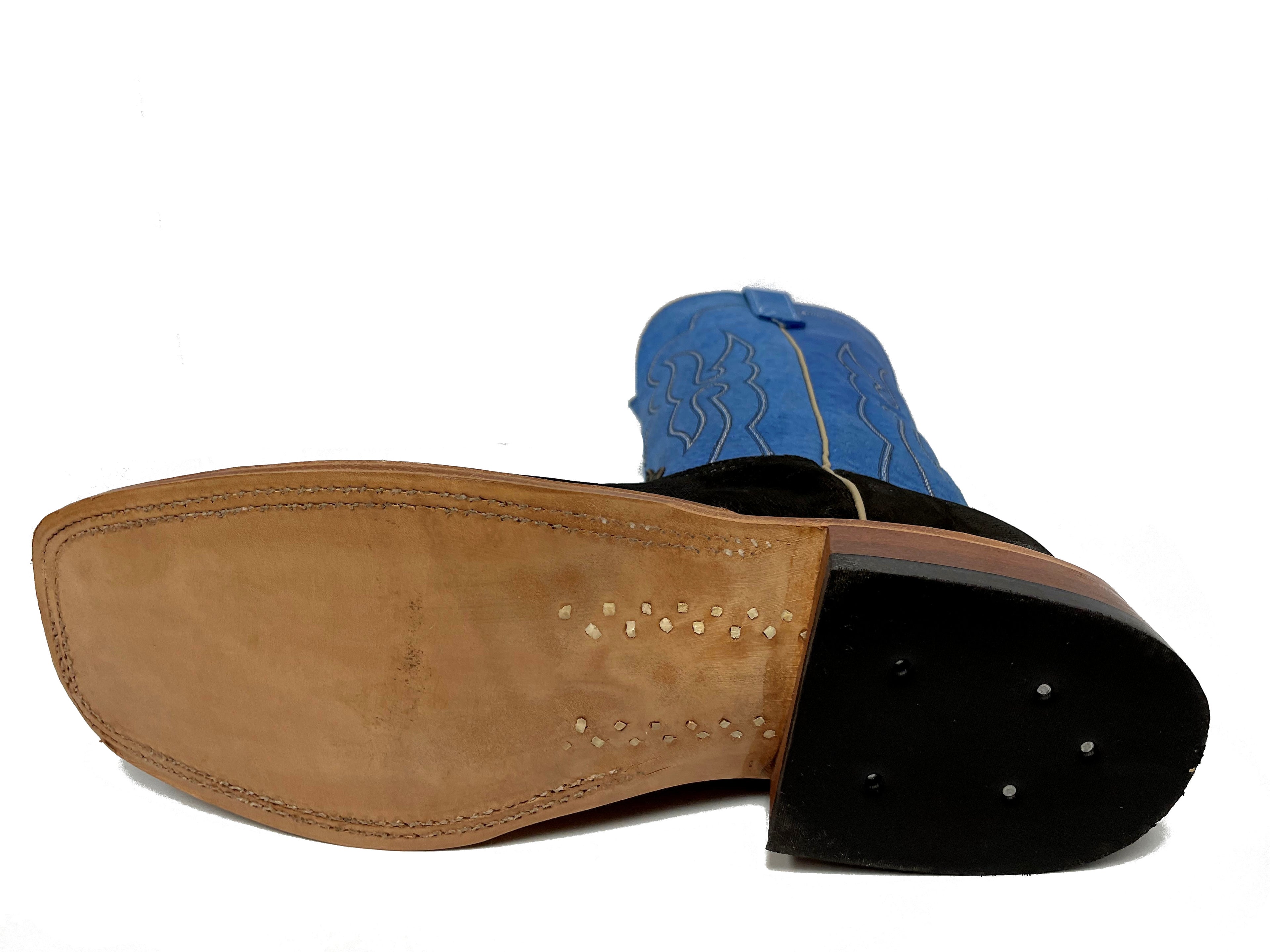 Anderson Bean 331471 Men's Cowboy Boots, Chocolate Buffed Elephant, Blue Upper, DB Toe, AB Heel