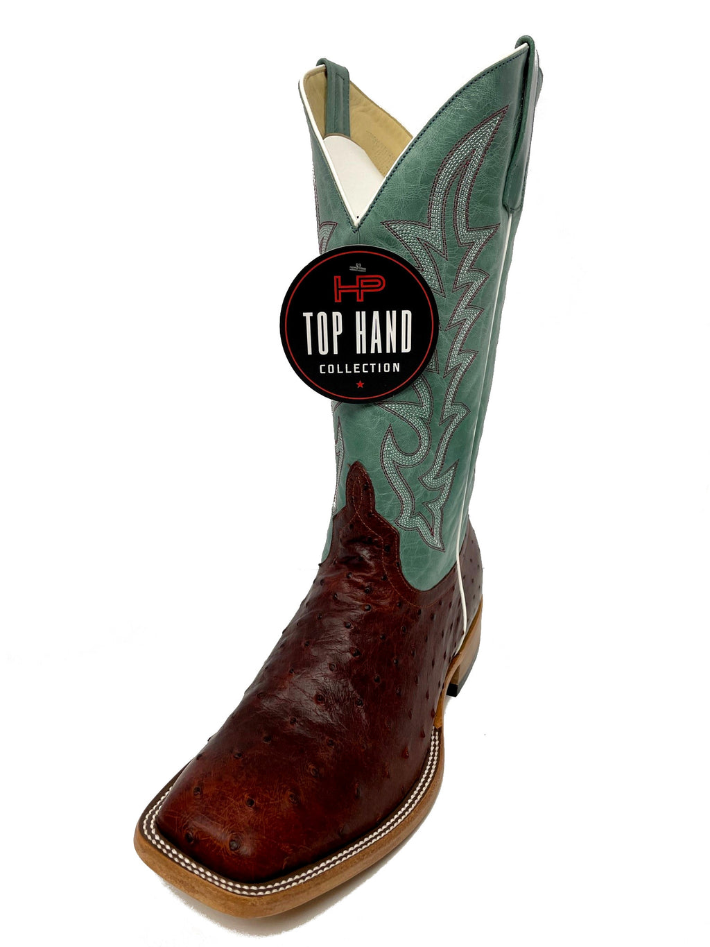 Top Hand Men's HP8027 Brandy Full Quill Ostrich Cowboy Boots  Teal Shaft, DB Toe, Leather Sole