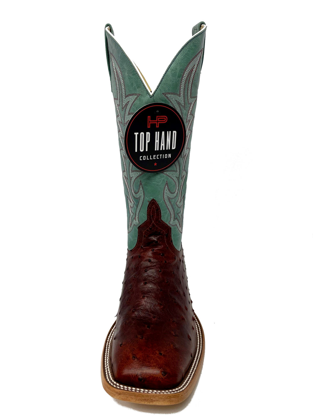 Top Hand Men's HP8027 Brandy Full Quill Ostrich Cowboy Boots  Teal Shaft, DB Toe, Leather Sole