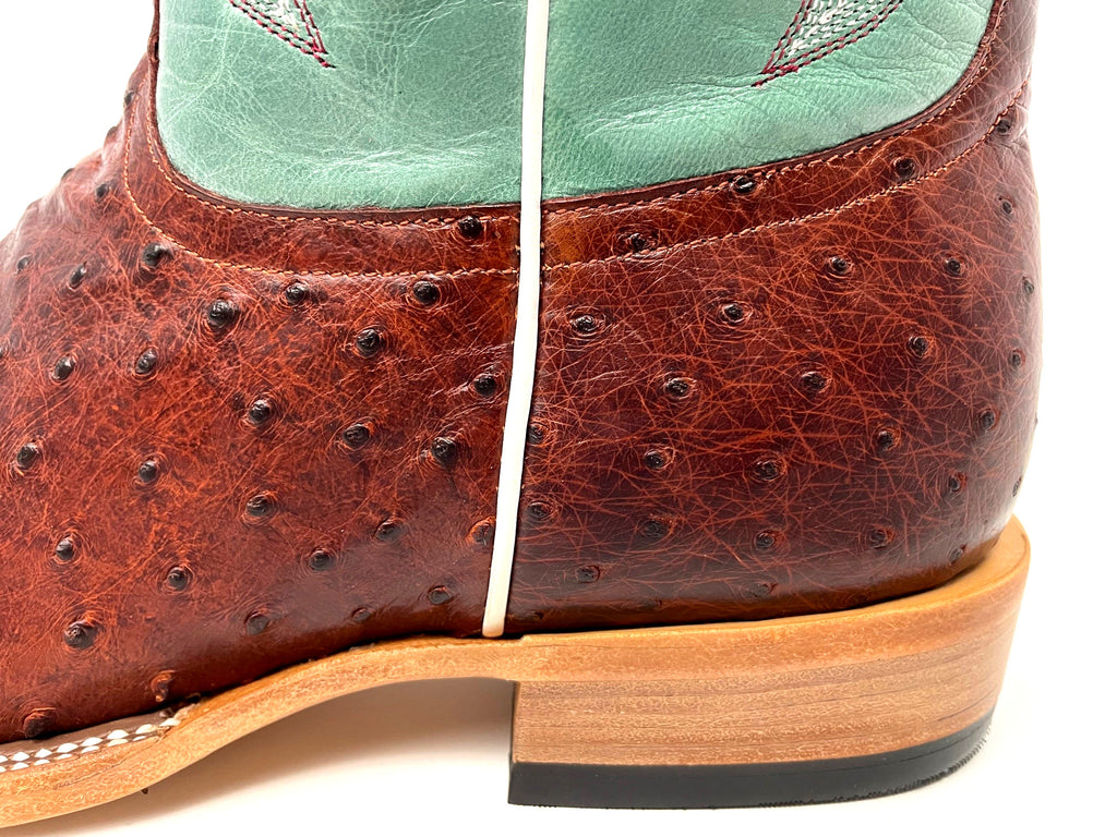 Top Hand Men's HP8027 Brandy Full Quill Ostrich Cowboy Boots  Teal Shaft, DB Toe, Leather Sole