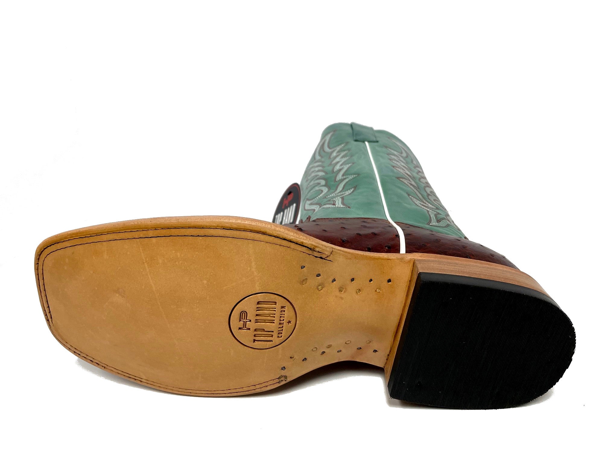 Top Hand Men's HP8027 Brandy Full Quill Ostrich Cowboy Boots  Teal Shaft, DB Toe, Leather Sole