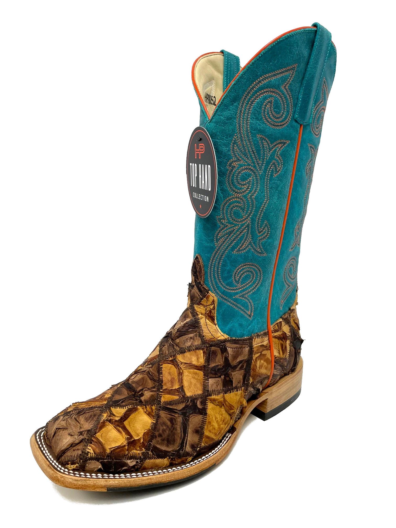 Top Hand HP8052 Men's Cigar/Saddle Matte Big Bass Patchwork Cowboy Boots  Turquoise Shaft, DB Toe