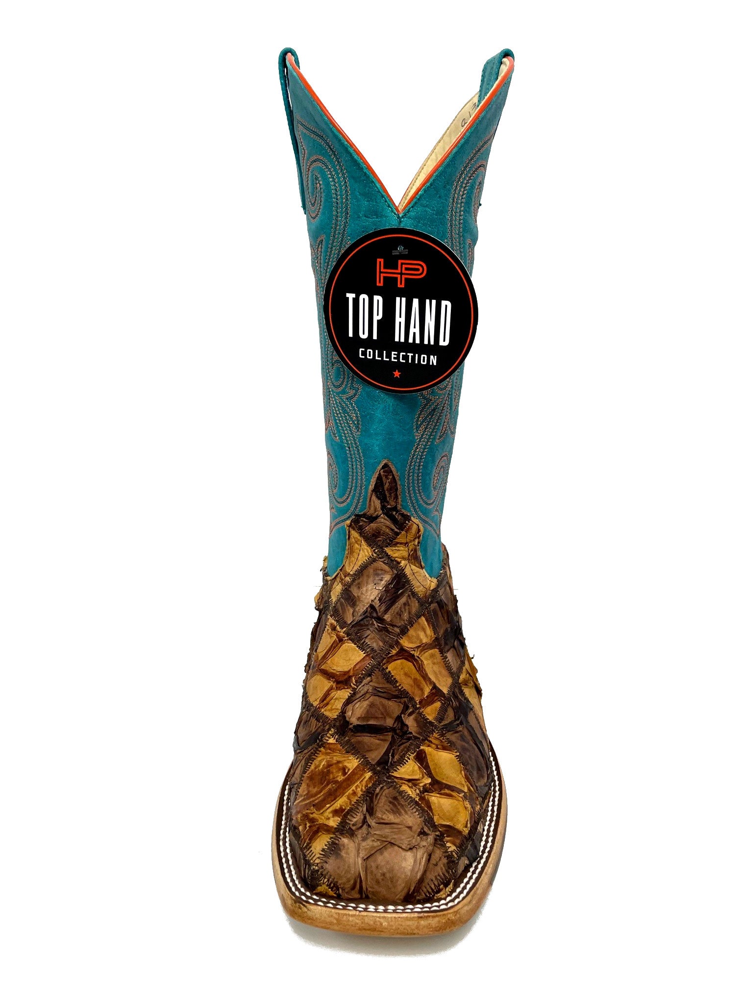 Top Hand HP8052 Men's Cigar/Saddle Matte Big Bass Patchwork Cowboy Boots  Turquoise Shaft, DB Toe