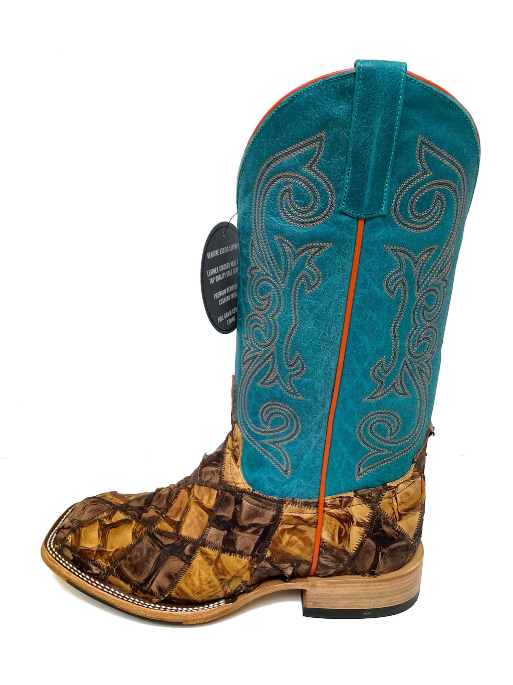 Top Hand HP8052 Men's Cigar/Saddle Matte Big Bass Patchwork Cowboy Boots  Turquoise Shaft, DB Toe