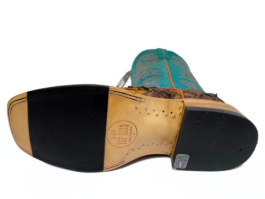 Top Hand HP8052 Men's Cigar/Saddle Matte Big Bass Patchwork Cowboy Boots  Turquoise Shaft, DB Toe