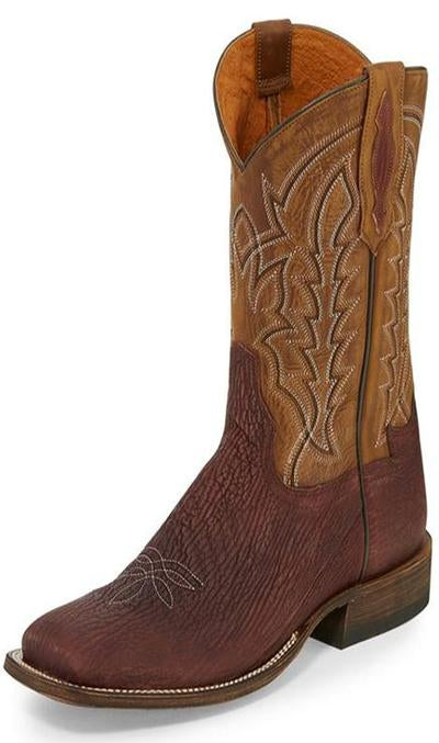 Tony Lama TL5000 Men's 11-inch Exotic Western Boots  Cognac Shark Leather, Maroon Top, Square Toe
