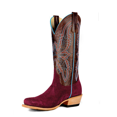 Macie Bean Womens M9500 Burgundy Suede Cowboy Boots  Bone Explosion Shaft, Tan Hybrid