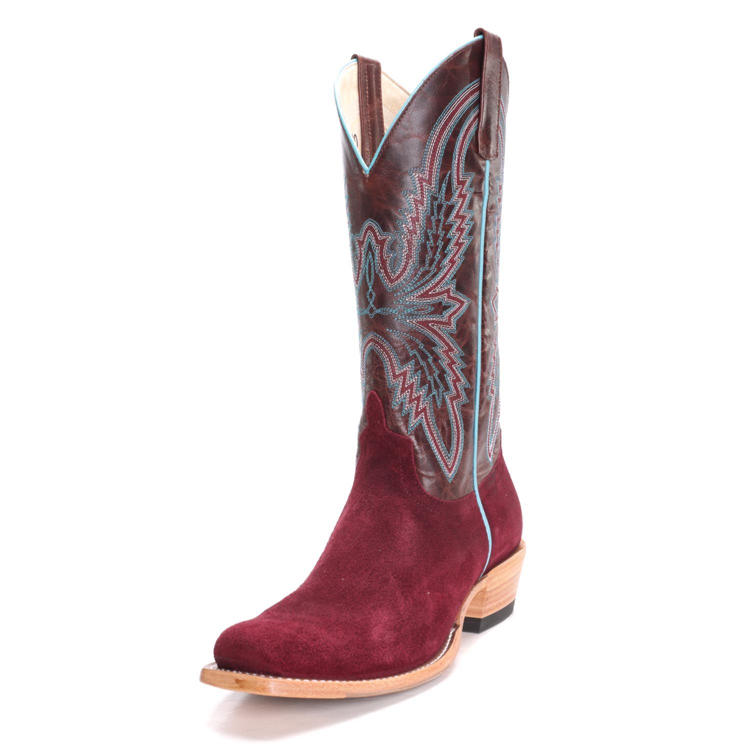 Macie Bean Womens M9500 Burgundy Suede Cowboy Boots  Bone Explosion Shaft, Tan Hybrid