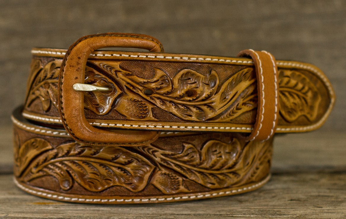 Vogt Russet, Fully Hand Tooled Belt in a Running Oak Leaf Pattern