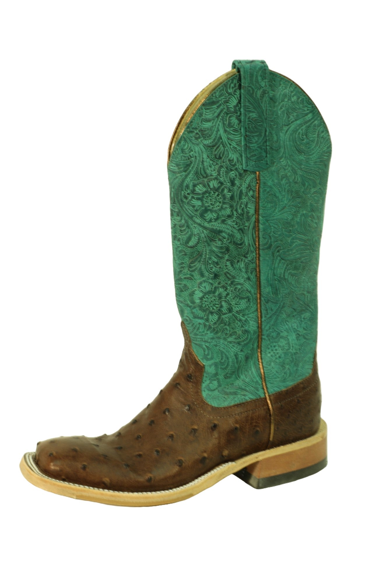 Anderson Bean X5002 Women's Kango Tobacco MD Ostrich FQ Cowboy Boots, Turquoise Tooling, Handmade