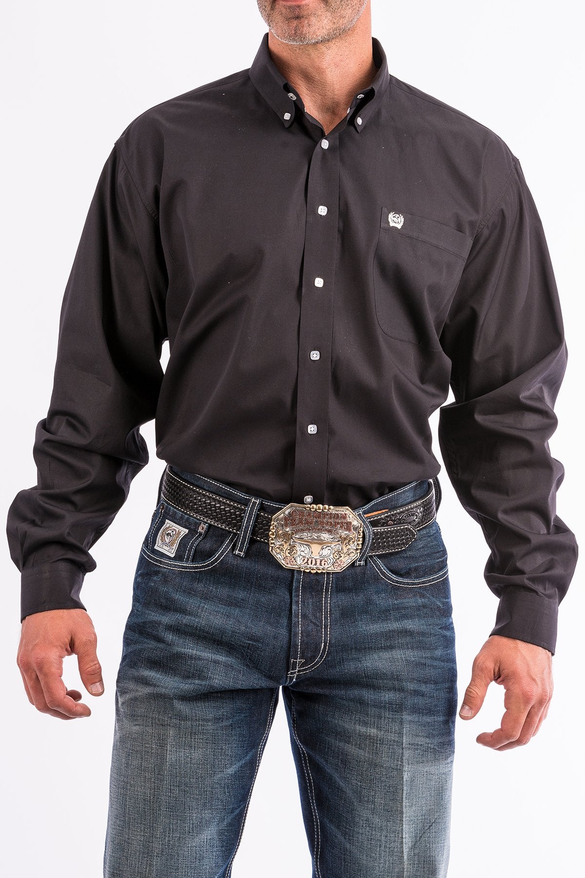 Cinch MT10320083 Men's Long Sleeve Western Shirt, Solid Black, Button-Down, 100% Cotton, Classic Fit