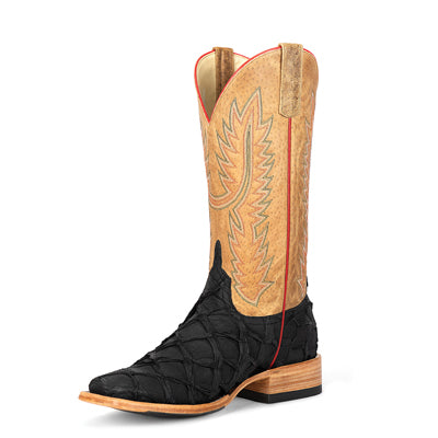 Top Hand Men's HP8062 Black Matte Big Bass Cowboy Boots  Tan Top, DB Toe, Roper Heel, Hybrid Sole